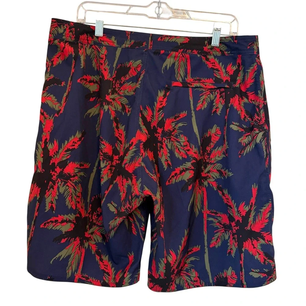 Stussy‎ Wild Palm Trunk Board Shorts Men 33 Med Navy Blue Red Swim Trunks NWOT